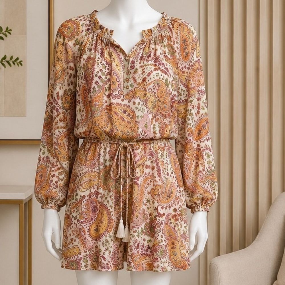 Lush Womens Dress Paisley Boho Tassel Long Sleeve Mini Small